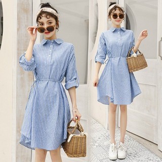 đầm suông sơ mi hàn quốc cài nút trước, tay dài, kèm dây thắt eo rời