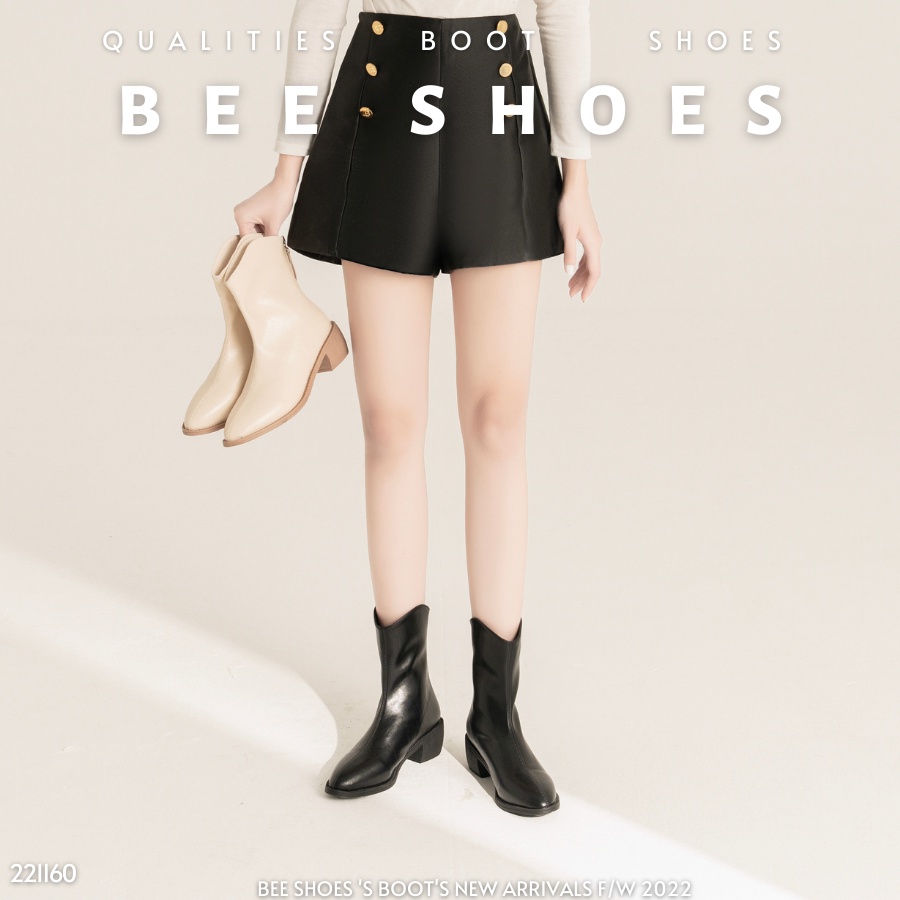 BOOT NỮ BEESHOES MŨI NHỌN DA LÌ - GIÀY BỐT NỮ ĐẾ CAO 3 PHÂN SẴN MÀU ĐEN - KEM 221160