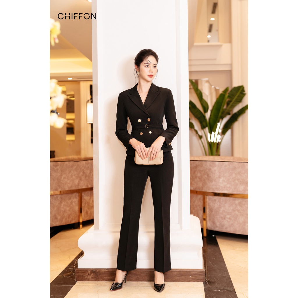 Áo vest nữ cổ ve nhọn 4 cúc kèm đai thiết kế Chiffon (chưa kèm quần)