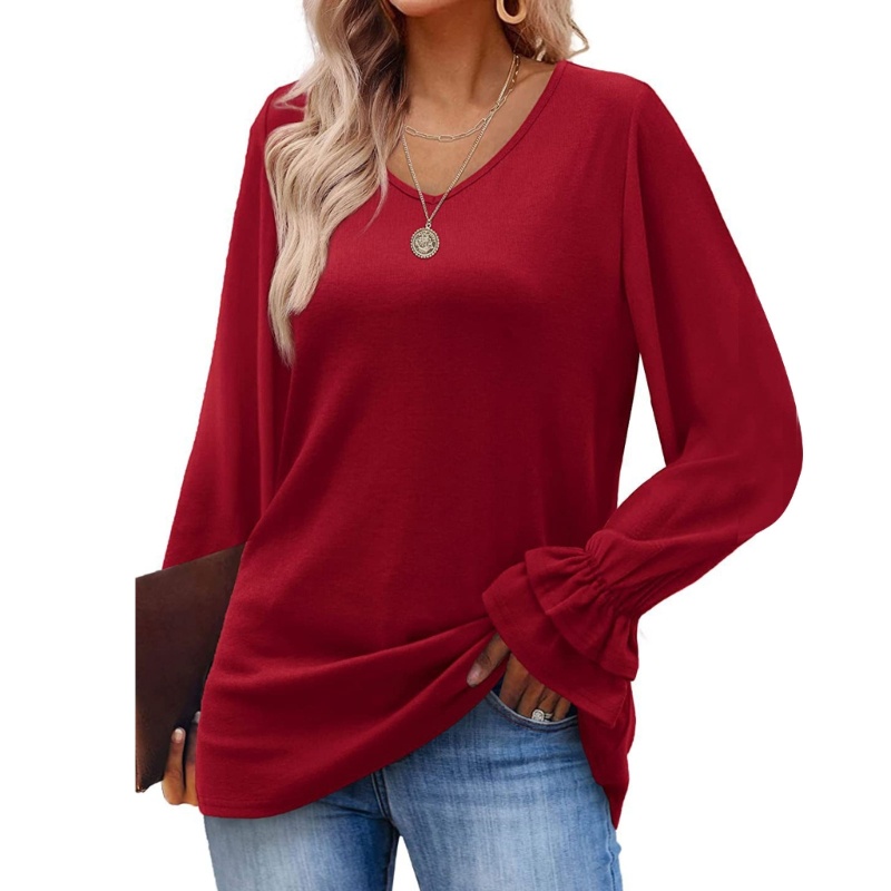 Áo Kiểu Tay Loe Dài Cổ Chữ V Màu Sắc Đơn Giản Cho Nữ