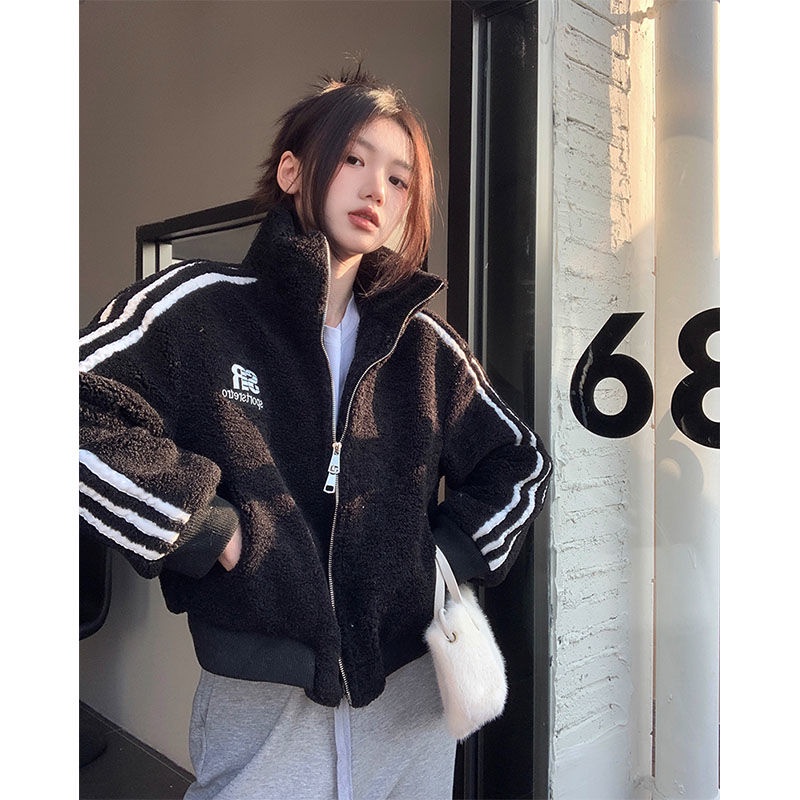 Áo khoác COZOKC tay dài cổ đứng phối khóa kéo in chữ phối màu tương phản thời trang