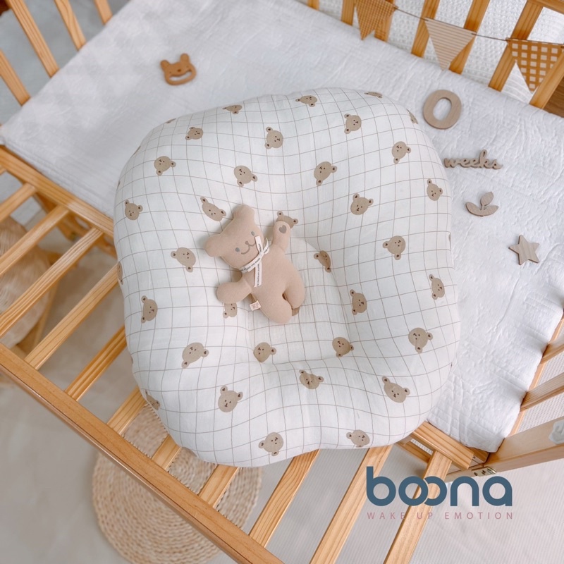 Gối chống trào ngược cao cấp Boona cho bé, vỏ xô Muslin tháo rời được, lõi bông tinh khiết tiệt trùng