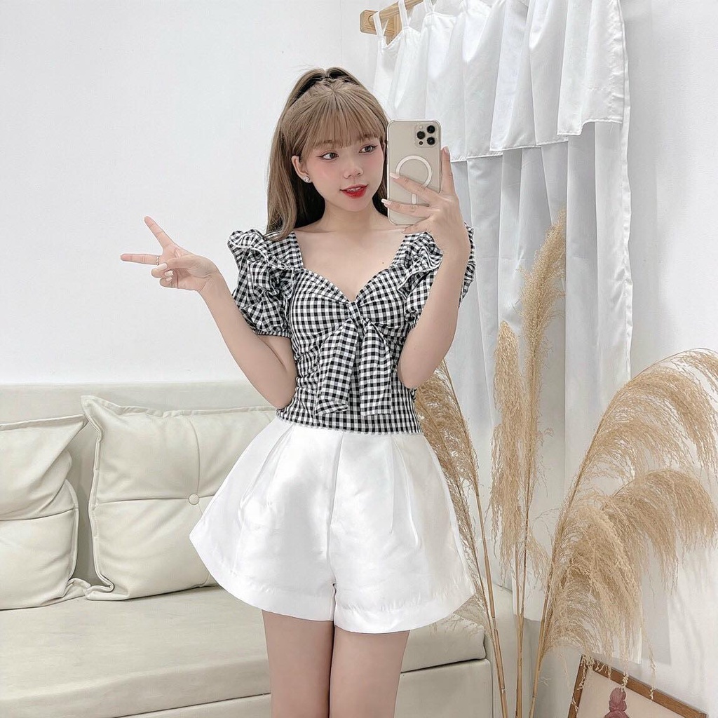 Áo Croptop Nơ Sọc Caro Cánh Tiên