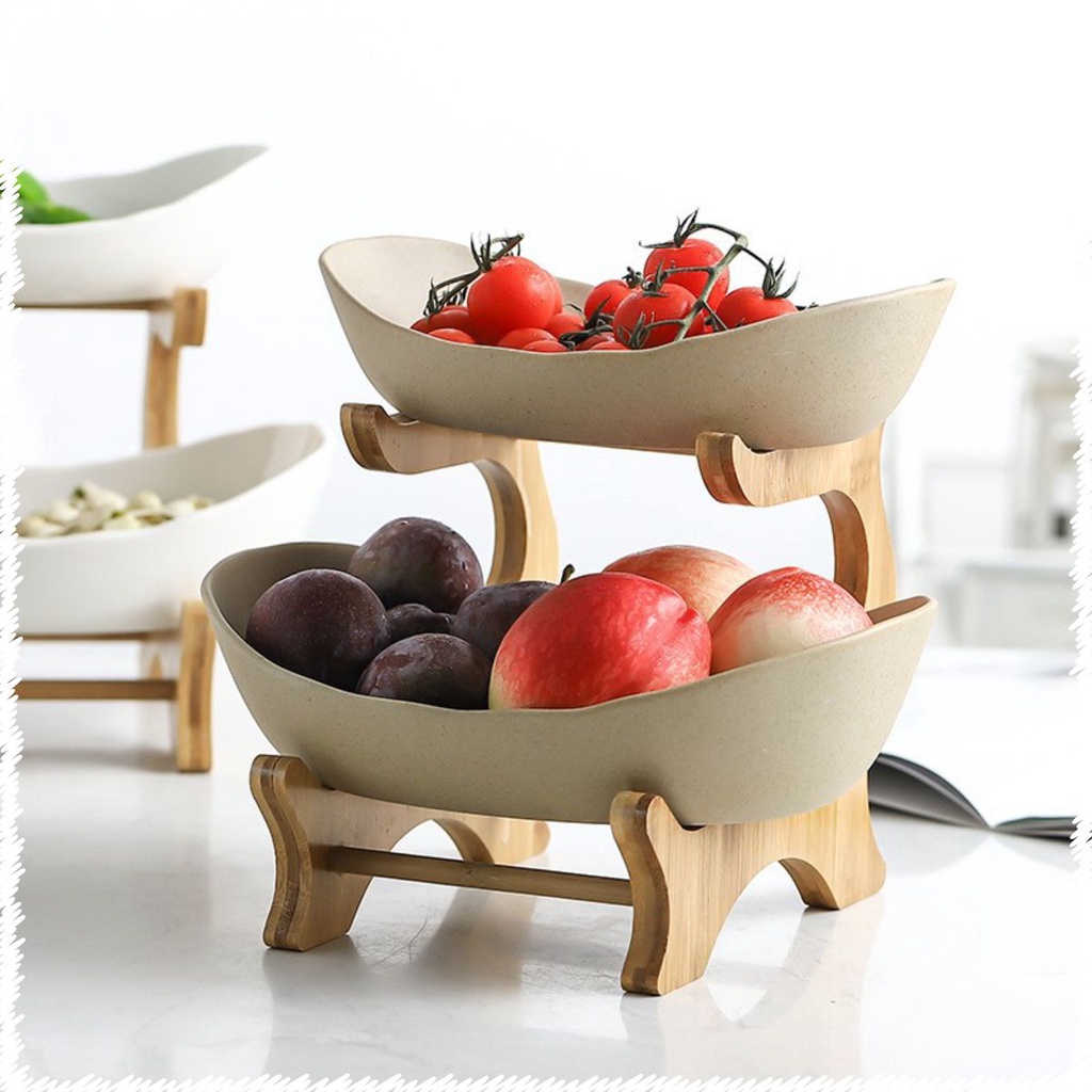 KHAY ĐỰNG BÁNH KẸO HOA QUẢ SỨ MÀU NÂU HÌNH BẦU DỤC GIÁ ĐỠ BẰNG GỖ 2 TẦNG, HÀNG NHẬP KHẨU CAO CẤP