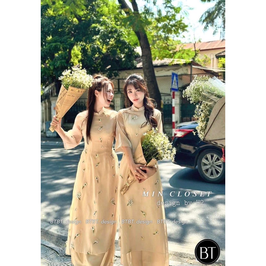 BÁN SỈ SET ÁO DÀI ĐÔI MẸ VÀ BÉ MÀU BE THÊU HOA