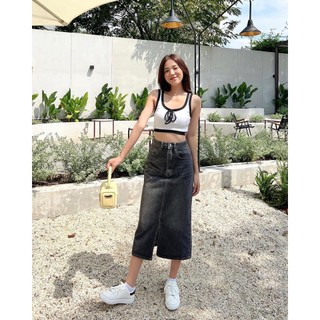 Chân váy jeans heybee xẻ tà giữa - midi jeans skirt hj1355