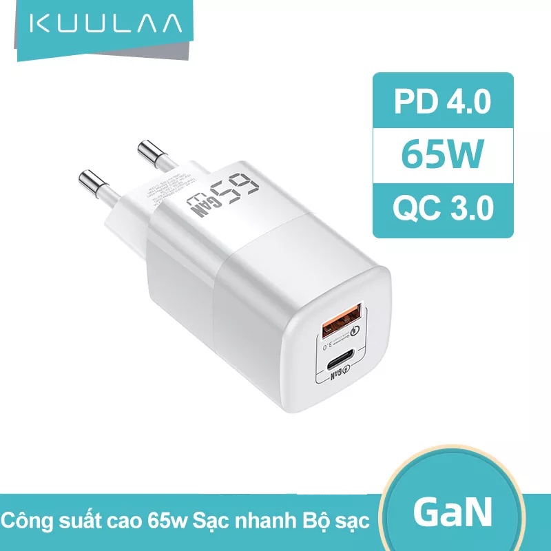 Cốc Sạc Nhanh Kuulaa GaN 65W - Quick Charge 4.0,PowerDelivery 3.0 - USB-C Cho Macbook, IPhone, Samsung - Hàng Chính Hãng