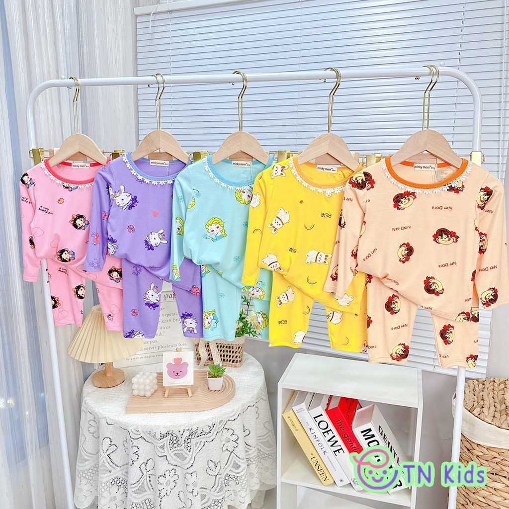 Bộ dài tay bé gái Minkymom phối viền ren cổ (quần ống suôn) Size 8-28kg