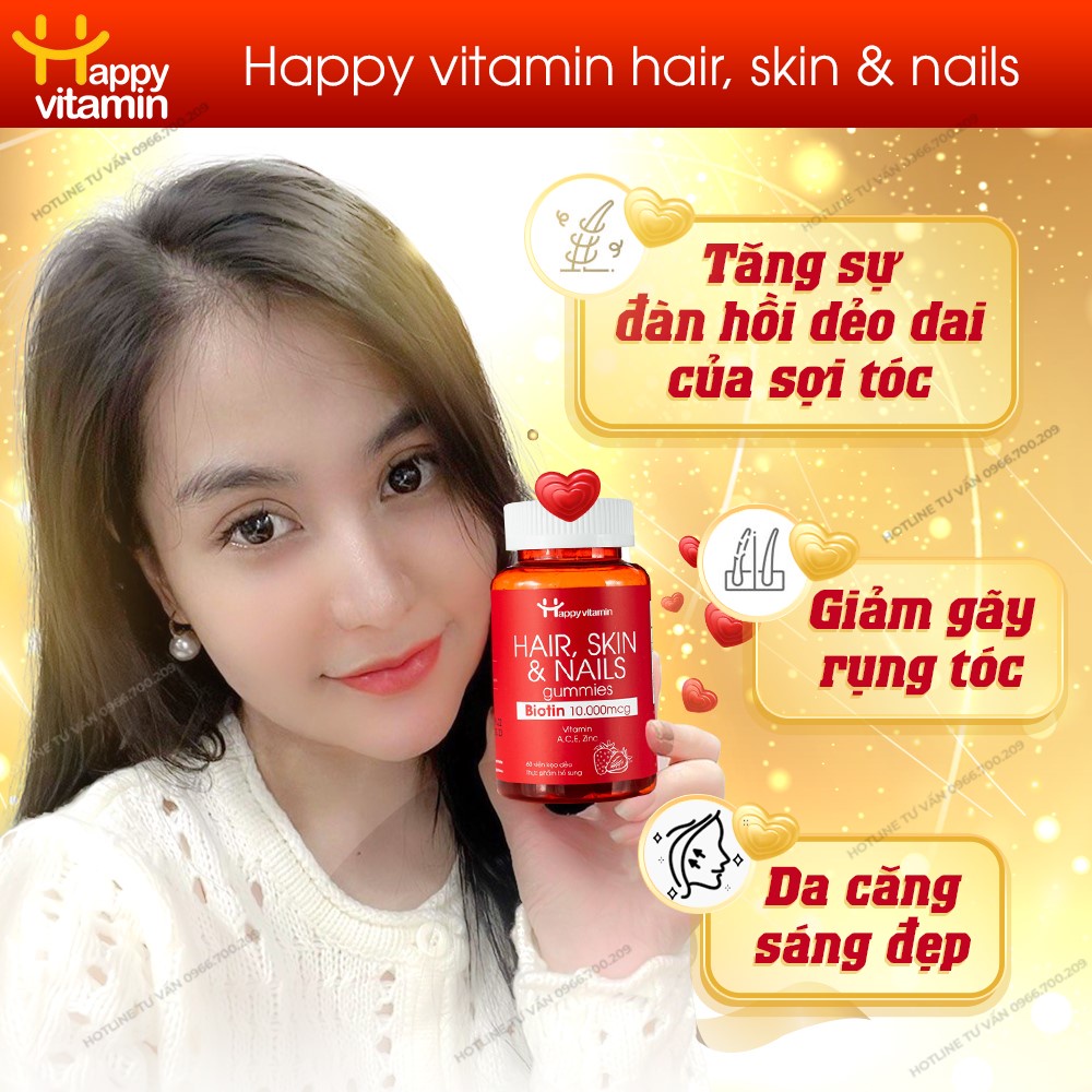 Biotin Gummies Happy Vitamin - Kích mọc tóc, Đẹp da, Bổ sung Vitamin hàng ngày - Biotin 10000 Mcg