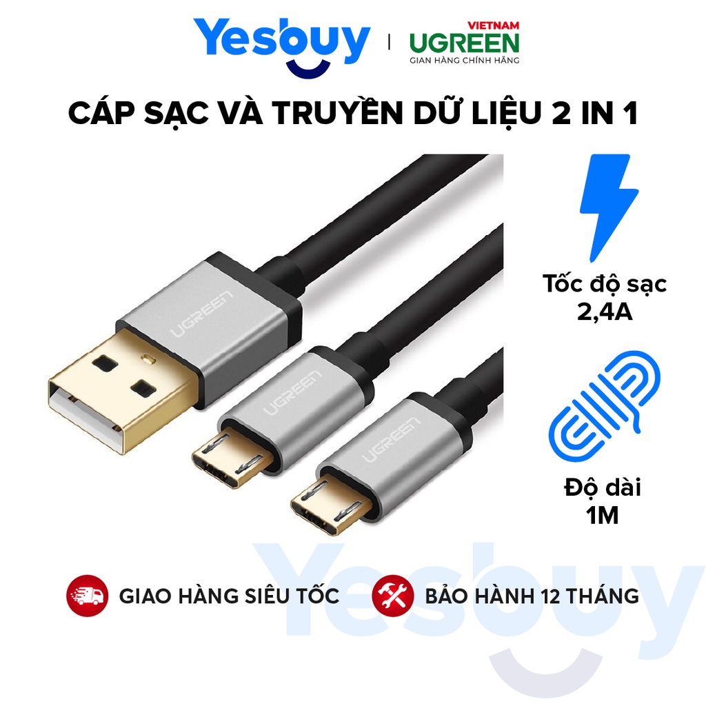Cáp sạc và truyền dữ liệu 2 in 1 hỗ trợ 2 cổng Micro USB dài 1m UGREEN US196 40347