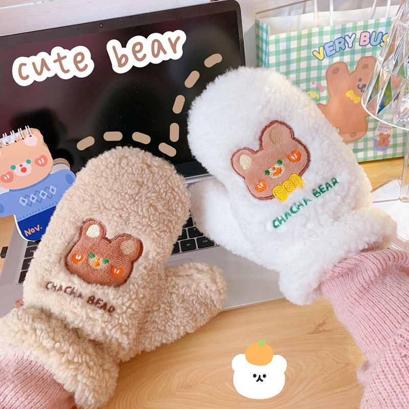 Găng Tay Nhung Lông Cừu Giữ Ấm Cổ Thêu Hình Gấu Dễ Thương HB HYJP2