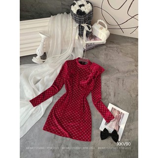 Váy nữ, Đầm nhung nhũ nơ ngực dài tay, dáng ngắn đến đùi, ôm eo, mặc đi chơi, đi tiệc | XKV90 | Meimei Studio