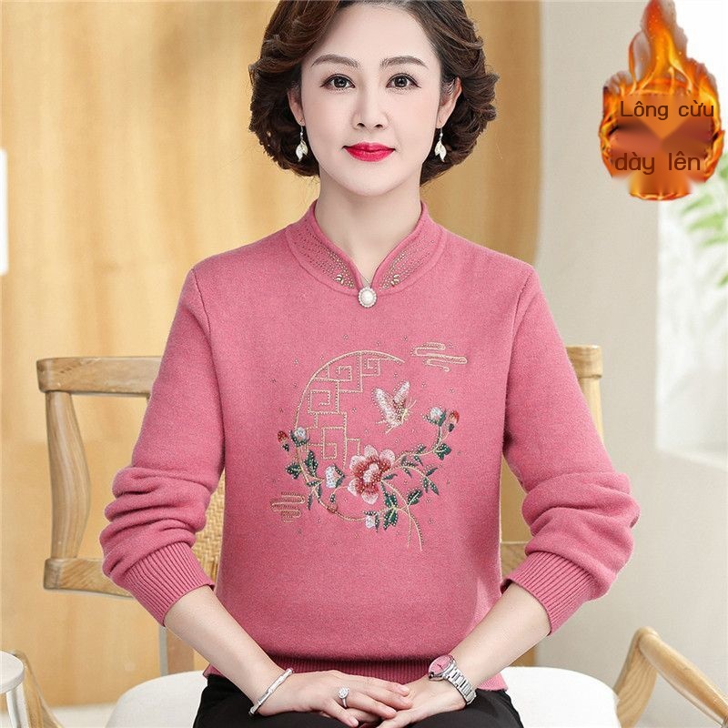 Áo len lông cừu dài tay ấm áp mùa thu đông cho phụ nữ trung niên và cao tuổi