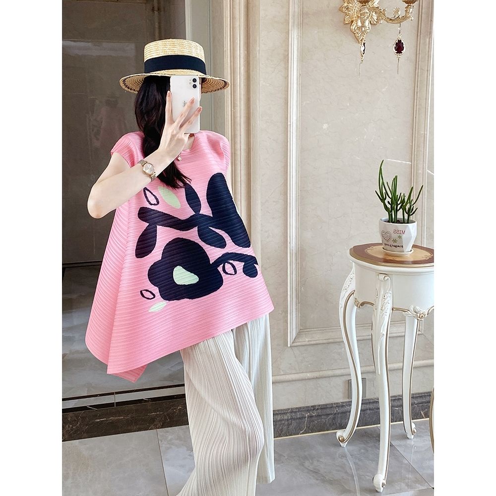 Issey Miyake Áo Thun Dáng Rộng Xếp Ly Che Bụng Chống Lão Hóa Dễ Phối Đồ Thời Trang Mùa Hè Cho Nữ