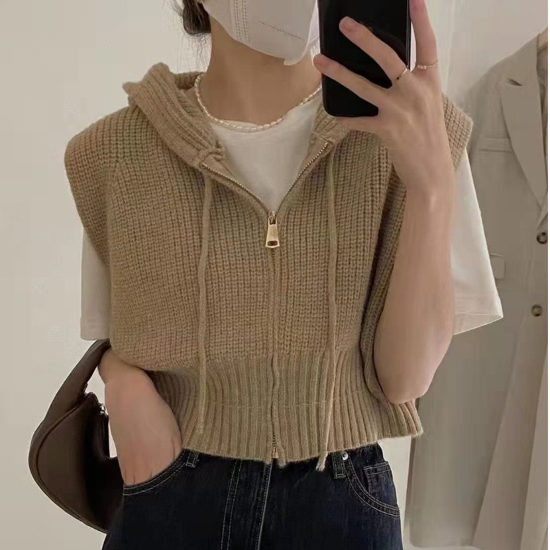 Áo Len Không Tay Có Khóa Kéo Màu Sắc Đơn Giản Cho Nữ