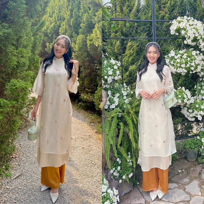 Set áo dài cách tân Tết voan tơ thêu hoa 4 tà SHINE CLOTHES nhiều màu xinh xắn, Áo dài dáng suông kèm quần