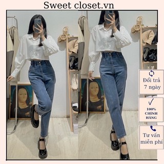 Quần Jean nữ dáng baggy co giãn 4 chiều cạp chun siêu cao