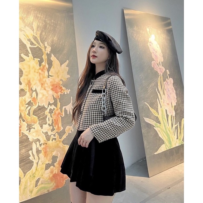 SET DẠ KẺ 2CT GINGHAM NÂU MIX QUẦN VÁY NHUNG XOÈ 2412
