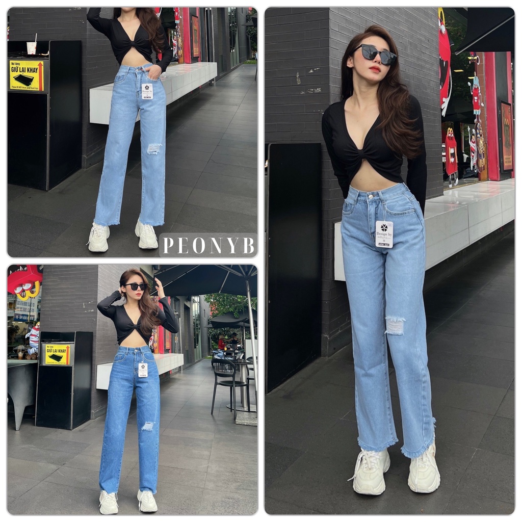 Quần jean xanh rách gối PEONYB Nữ [FREESHIP] Jeans bò suông ống rộng kiểu dáng basic cạp cao tôn dáng hàn quốc ulzzang