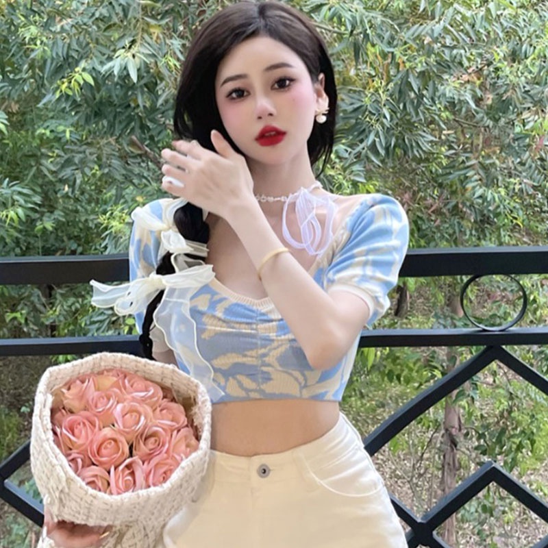 Áo Dệt Kim Tay Phồng Ngắn Cổ Chữ V Dáng Ôm Thời Trang Hàn Quốc Cho Nữ