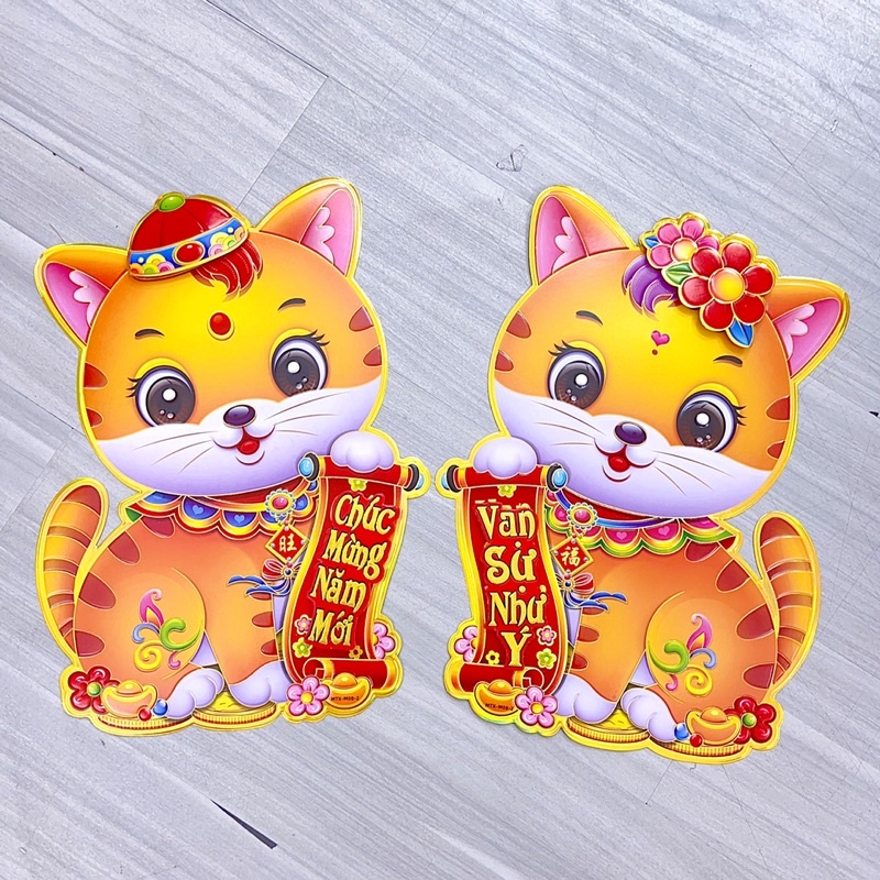 Set 2 Mèo vàng Dán cửa Trang trí tết size 27cm x 38cm