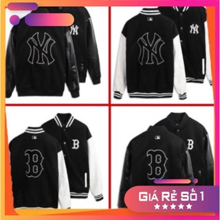 ^ áo khoác bomber varsity m.l.b ny thêu logo cam form rộng phối tay da/// ^