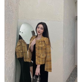 Áo khoác dạ Tweet sọc nâu cá tính cổ trụ