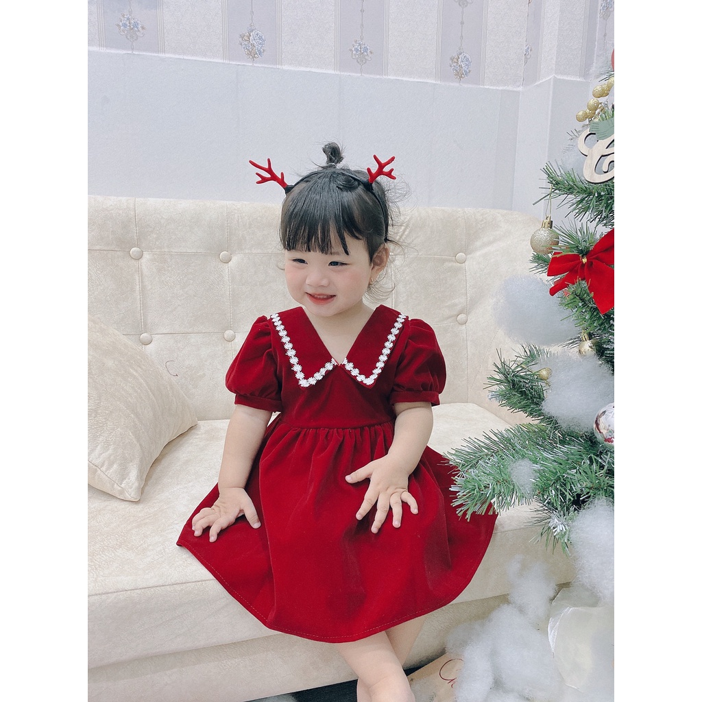 Váy cho bé gái Mykids Đầm thiết kế váy nhung đỏ chuỗi ngọc siêu thu đông thiết kế cho bé 7-40kg