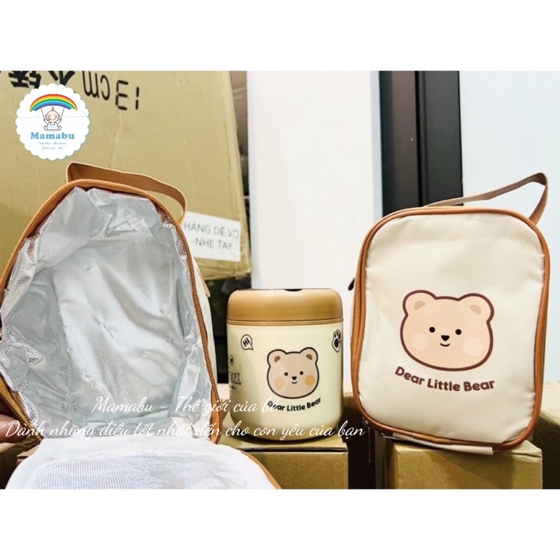 Bình Ủ Cháo Hình Gấu Giữ Nhiệt Dung Tích 530ml Có Kèm Thìa Và Túi Đựng Cặp Lồng Giữ Nhiệt Tiện Lợi An Toàn Cho Bé Mamabu