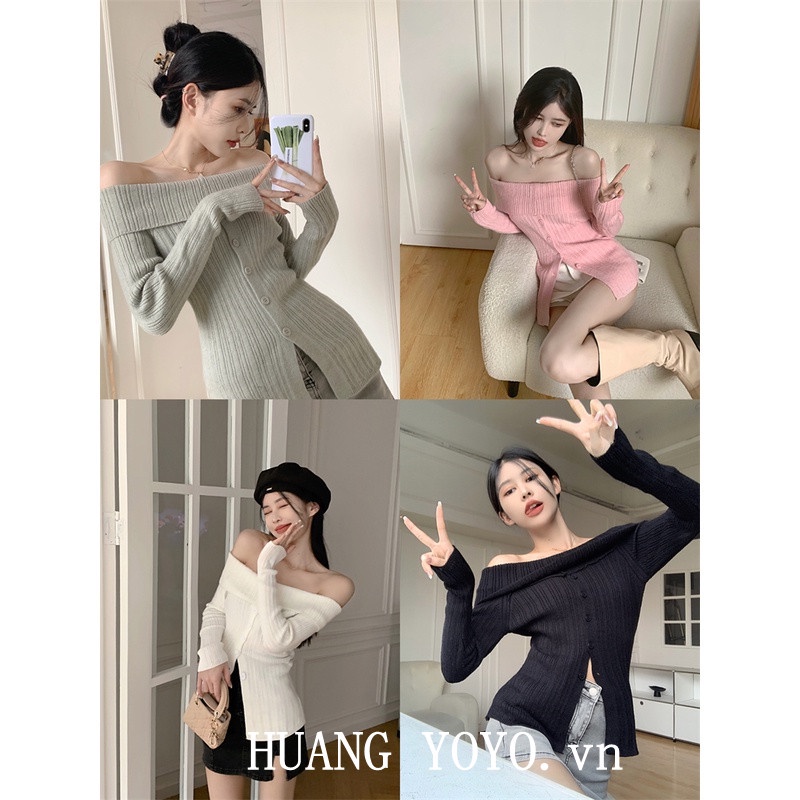 HUANG YOYO Áo Len Nữ Dài Tay Lệch Vai Thời Trang Hàn Quốc