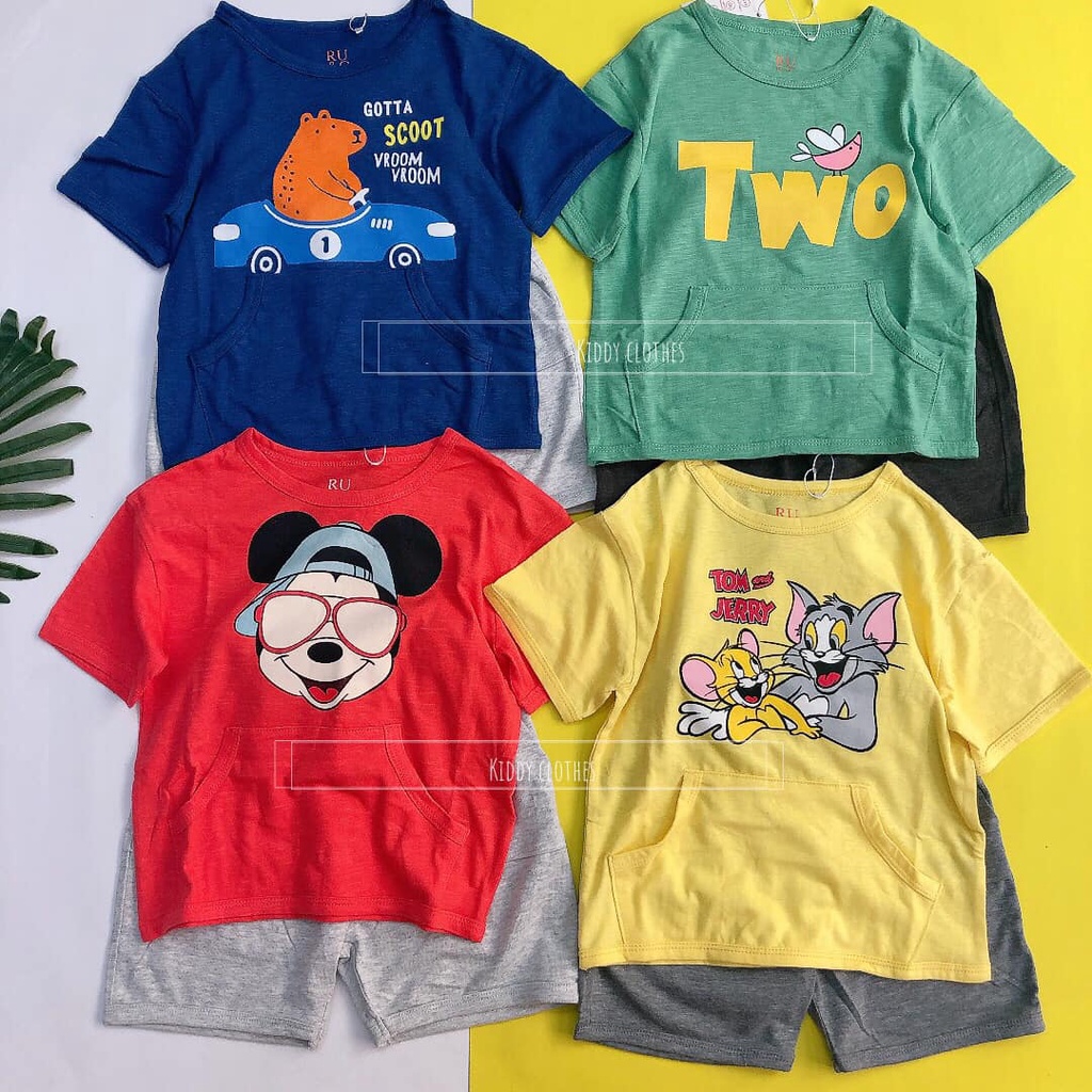 Bộ cotton đùi bé trai áo chất cotton xước quần thun da cá hình in sắc nét/Set bộ thun đùi cotton mềm bé trai