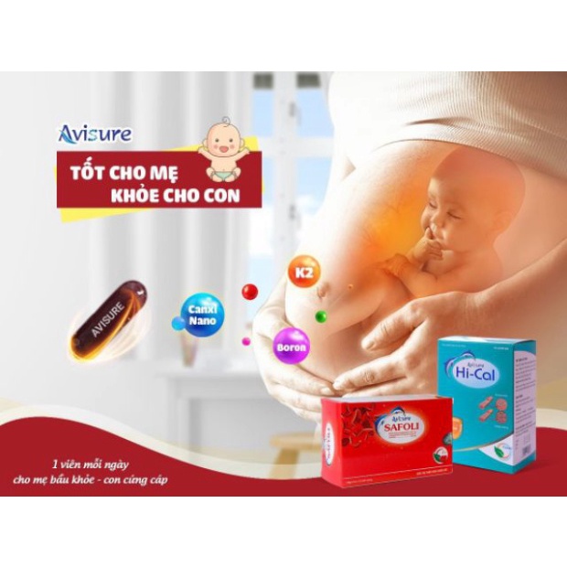 Combo Sắt hữu cơ Avisure Safoli Hộp 30 viên + Canxi tự nhiên Avisure Hical Hộp 60 viên - cho phụ nữ mang thai và chCombo