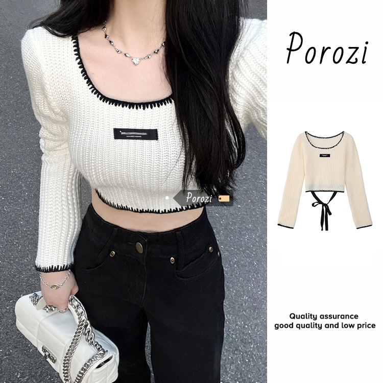 Porozi  Áo sweater dệt kim tay dài cổ vuông phong cách Hàn Quốc thời trang xinh xắn cho nữ