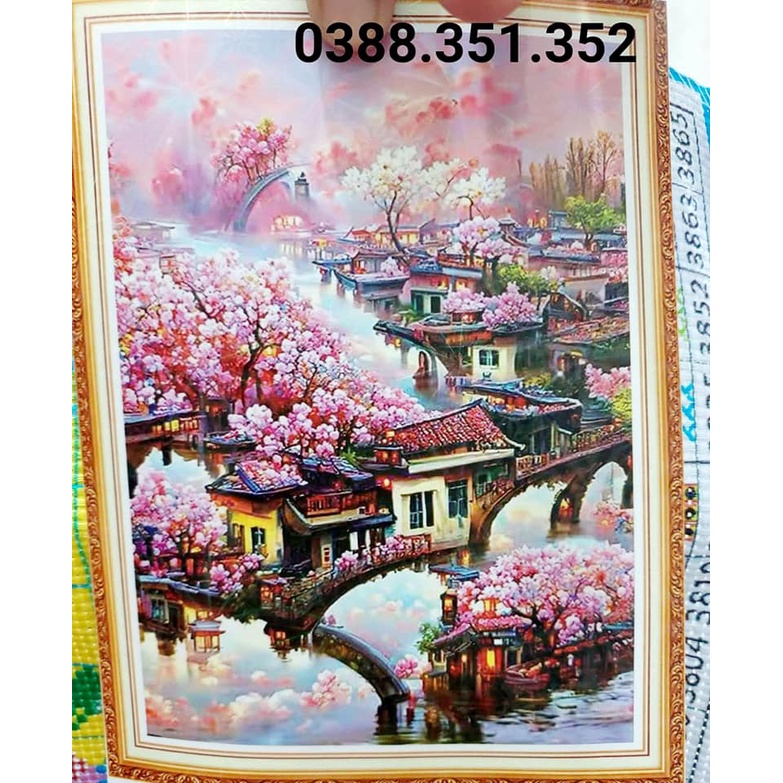 Tranh thêu chữ thập tứ quý phong cảnh bốn mùa thêu kín 60*90*4cm