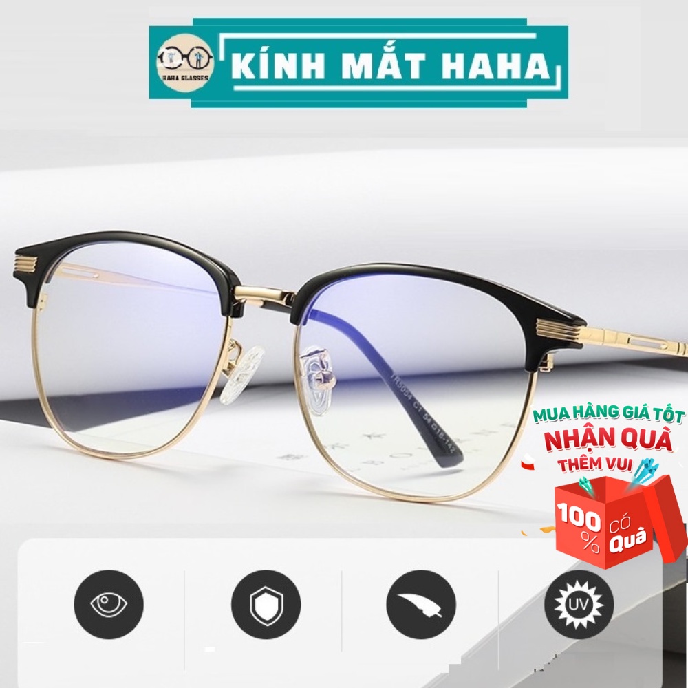 Gọng kính tròn nửa viền nam nữ thời trang HAHA mắt kính chống ánh sáng xanh dáng tròn, TR90 kim loại 2 màu lựa chọn KC16