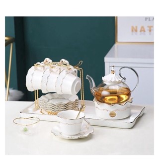Bộ ấm chén kèm khay sứ pha trà hoa sứ xương cao cấp màu trắng viền vàng có đế đun nến, quà tặng ý nghĩa