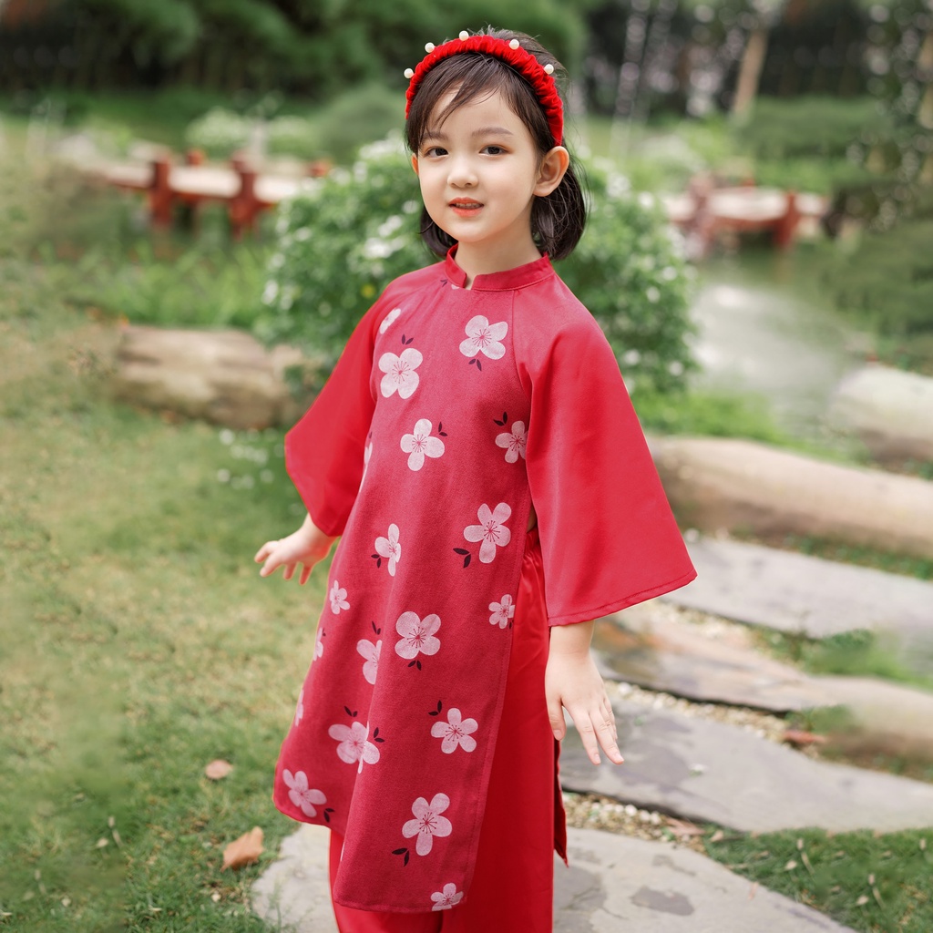 Set áo dài mẹ và bé vải nhung Nhật hoạ tiết hoa đào alberkids AG008