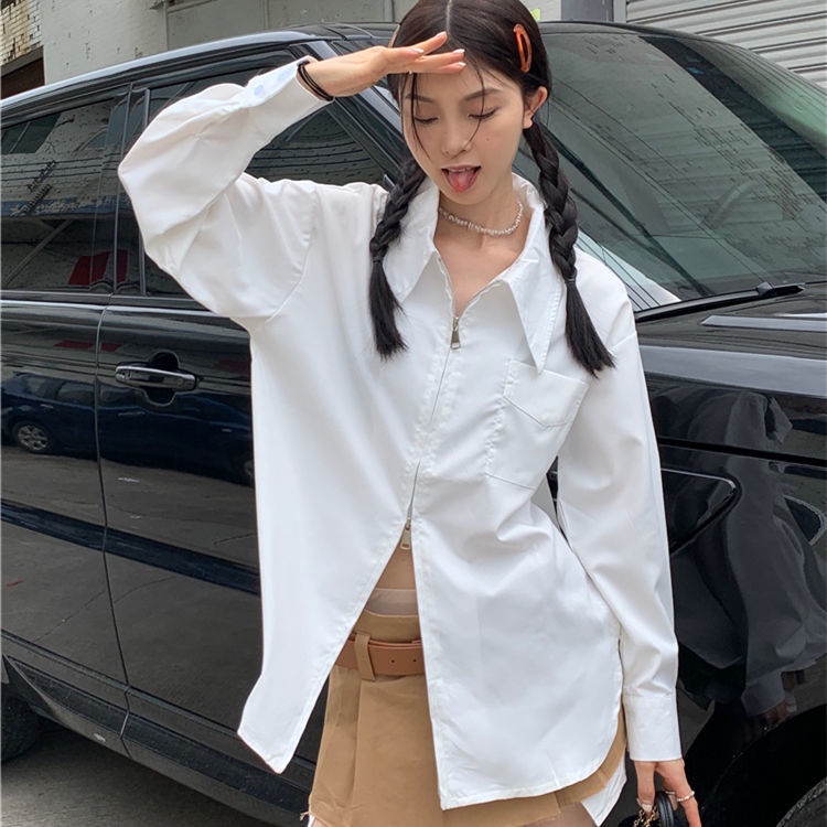 Áo Sơ Mi Dài Tay Dáng Rộng Phối Khóa Kéo Thời Trang Dành Cho Nữ