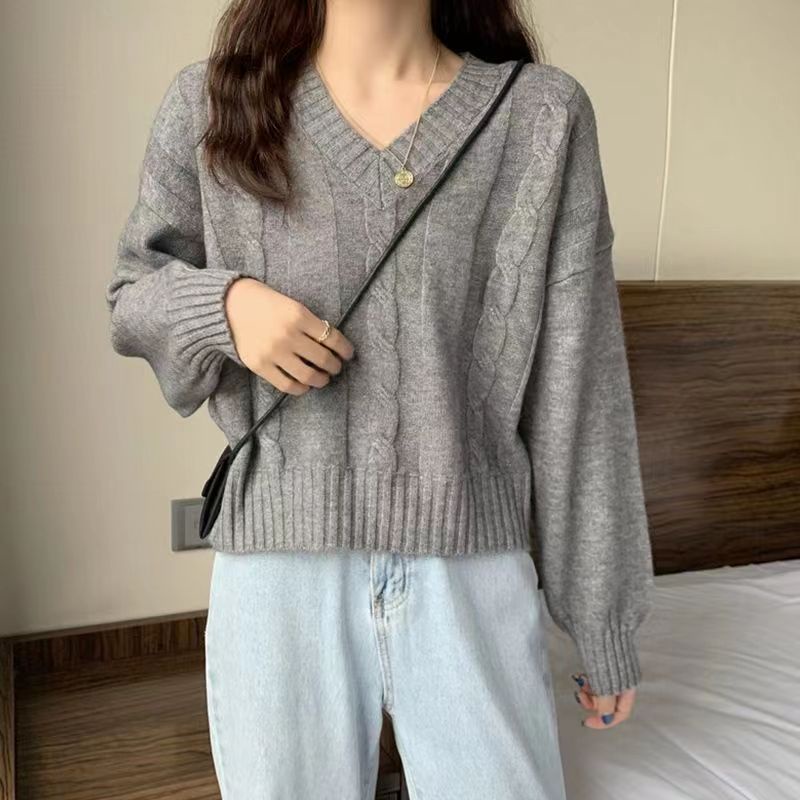 Áo sweater Dệt Kim Cổ V Dáng Rộng Ngắn Thời Trang Mùa Đông Cho Nữ Có 5 Màu Lựa Chọn