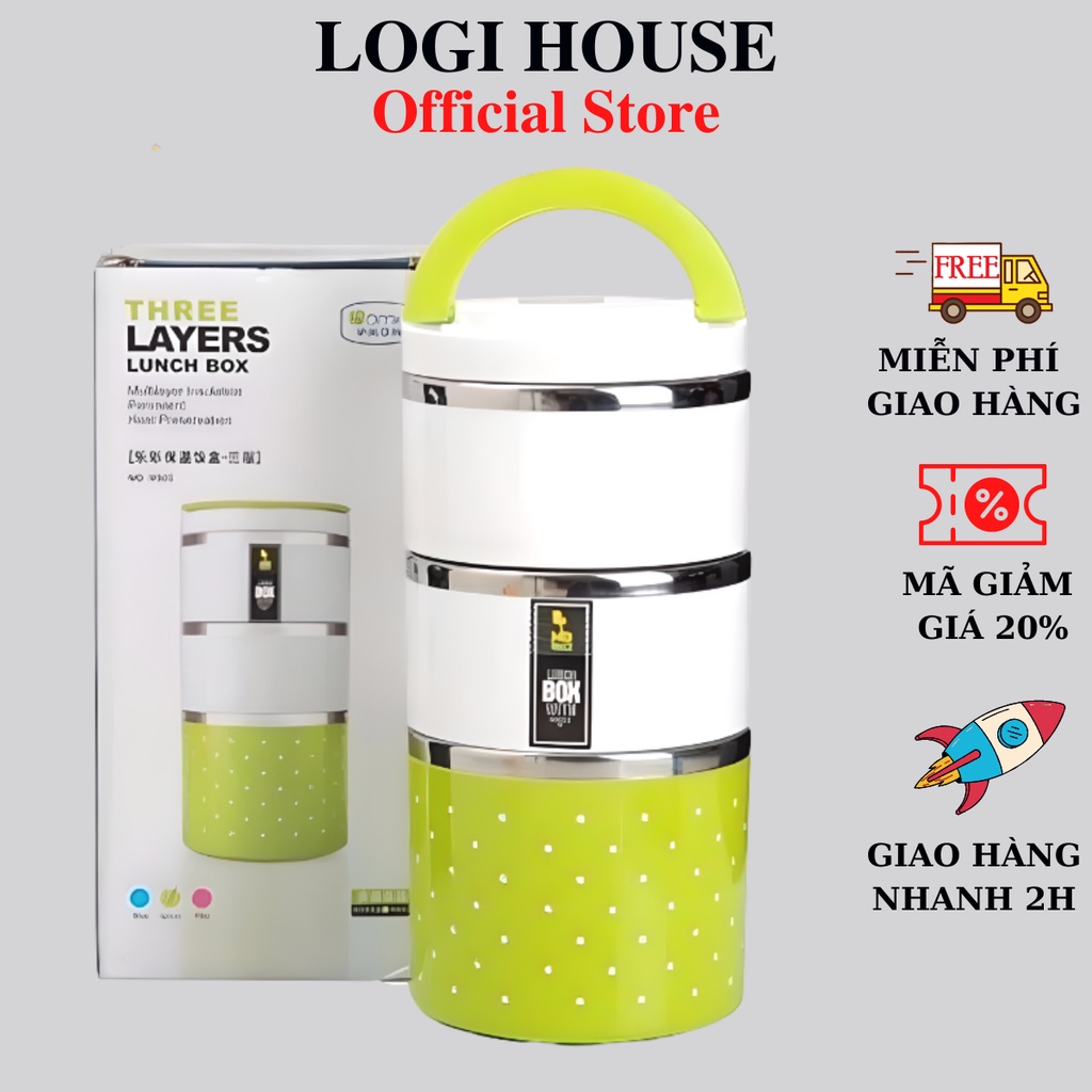Hộp đựng cơm giữ nhiệt 3 ngăn inox 2 lớp dung tích 1230ml có nắp đậy kín và có quai xách tiện lợi