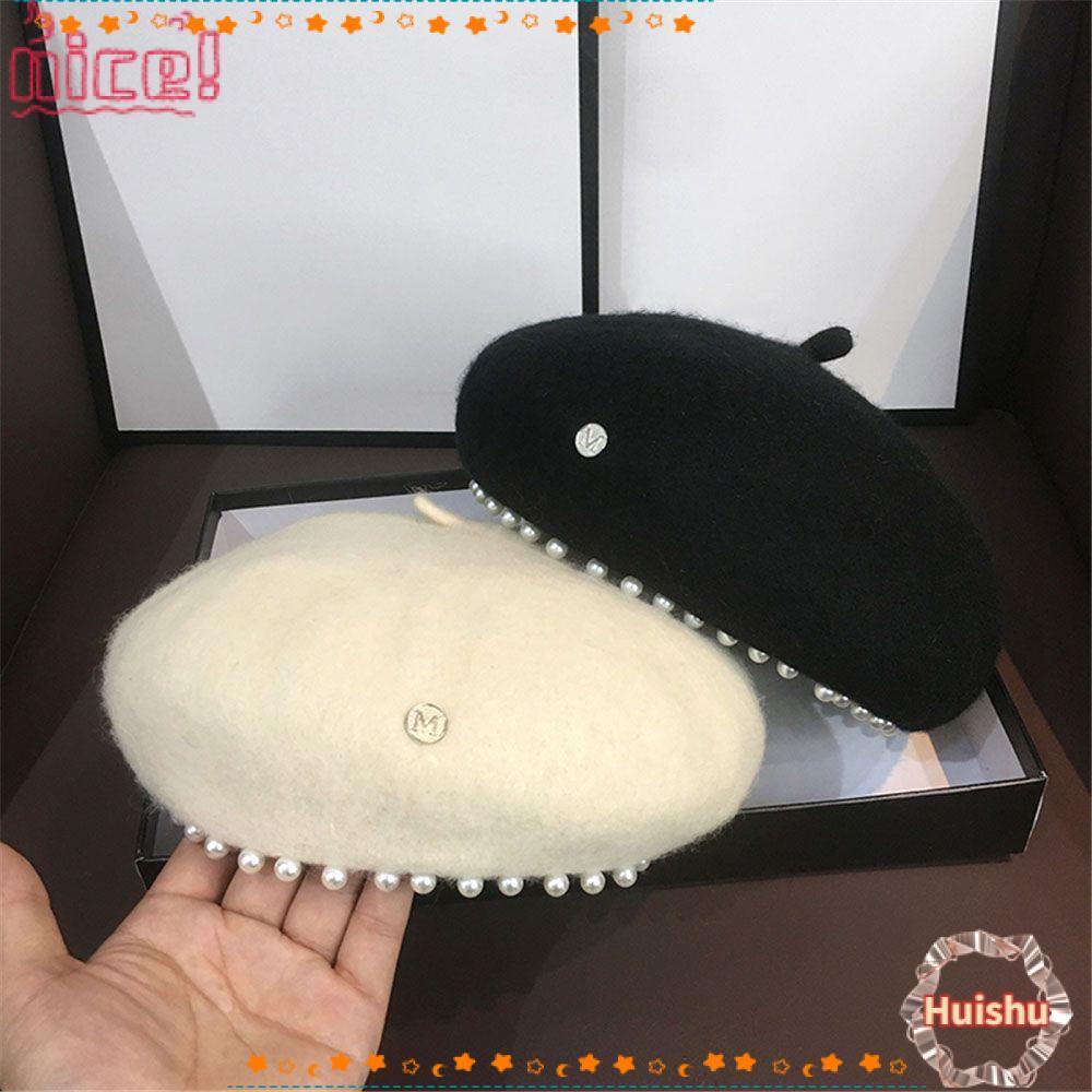 Mũ Nồi Bằng Len Màu Trơn Đính Ngọc Trai Giả Dễ Phối Đồ Thời Trang Cho Nữ