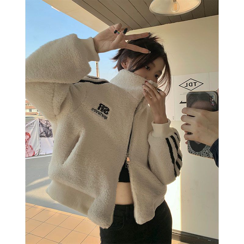 Áo khoác COZOKC tay dài cổ đứng phối khóa kéo in chữ phối màu tương phản thời trang