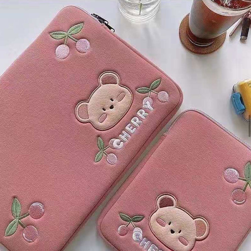 Túi đựng laptop họa tiết hoạt hình phong cách Hàn Quốc Tranh thêu heo con và mèo lười màu hồng 10/11/13/14/15/15.6inch