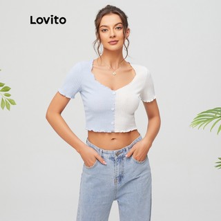 Lovito áo thun cổ tròn phối màu tương phản L11D14
