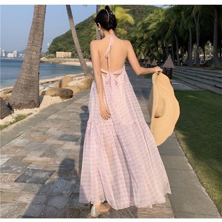 Đầm chiffon hở lưng phối lưới thời trang đi biển gợi cảm Đầm Hai Dây Đi Biển Thời Trang Dành Cho Nữ