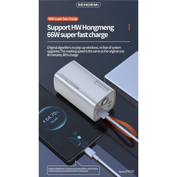 Pin sạc dự phòng Sendem PH20 20000mAh hỗ trợ sạc nhanh 66W , PD 20W - BH 12 Tháng