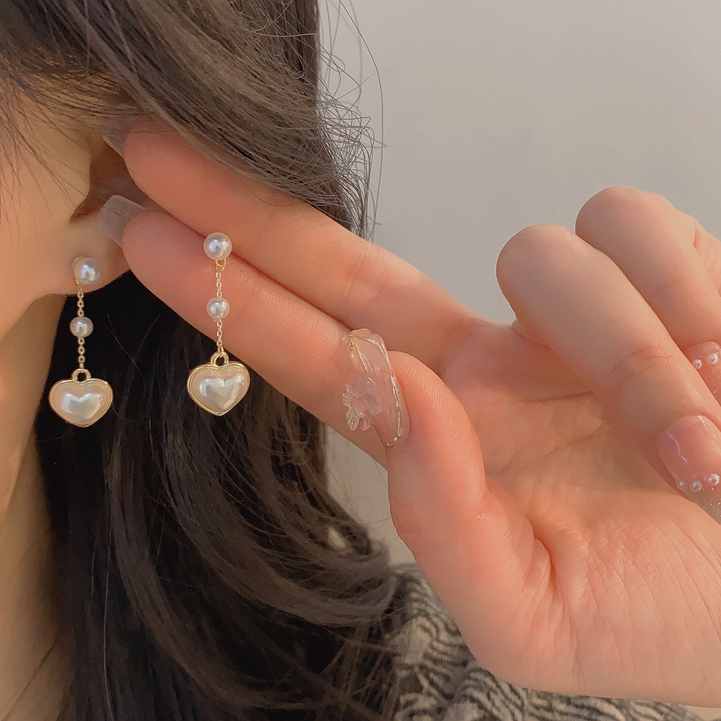 Khuyên tai kẹp không bấm lỗ chốt cố định K297 bằng hợp kim mạ vàng hình trái tim đính hạt trai dáng dài Leous