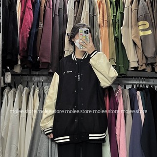 Áo khoác bomber dạ phối tay da thêu chữ - ảnh thật