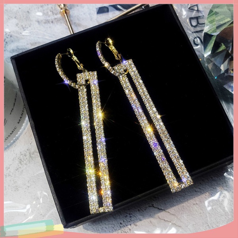 Khuyên tai nữ dáng dài đính đá dáng chữ nhật rỗng