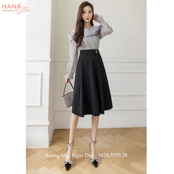 Chân váy dài xòe xếp ly qua gối dáng lửng lỡ cạp cao - Chân váy công sở dài phối cúc chữ A tiểu thư đi làm tiệc hẹn hò
